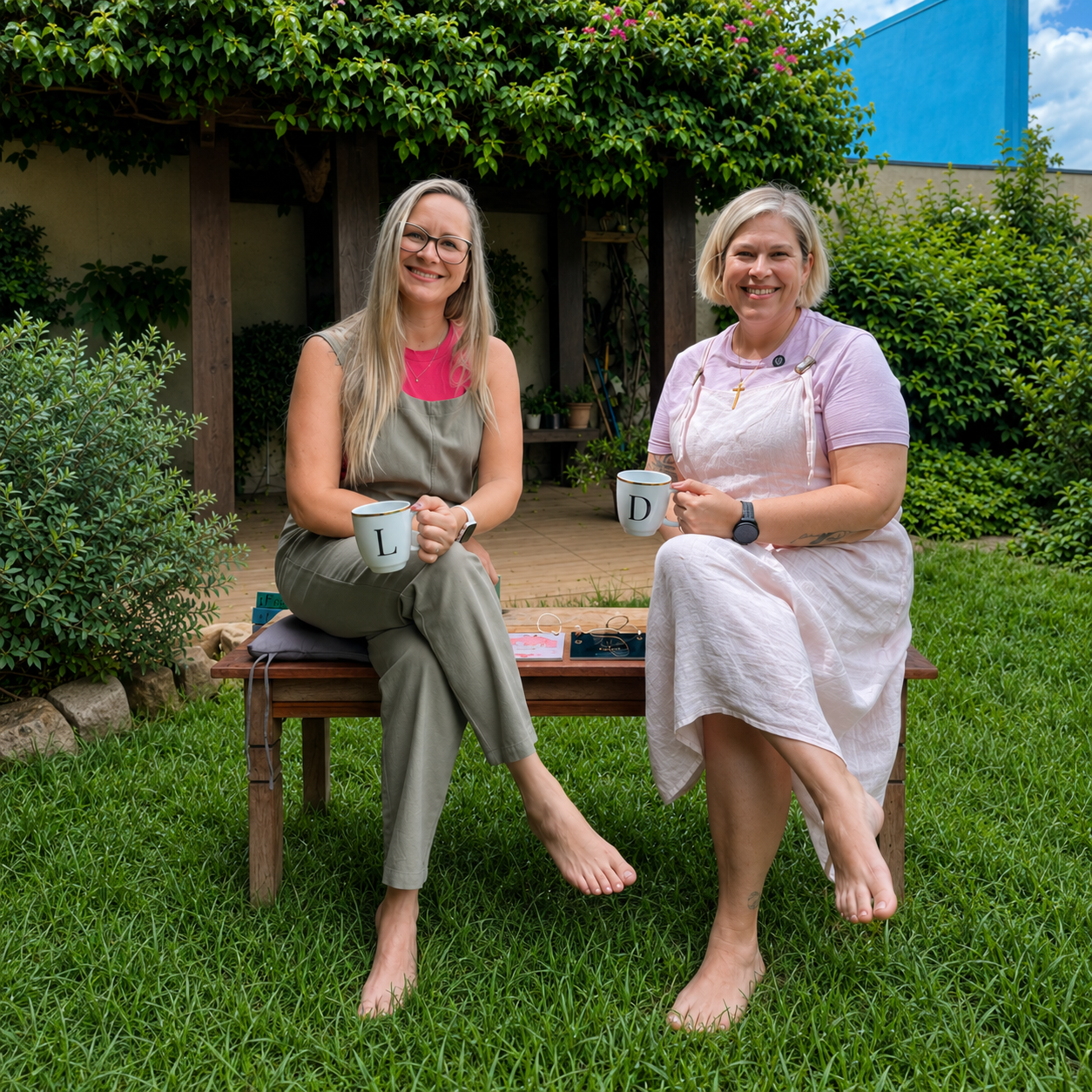 As duas criadoras da Flor & Fluir sentadas em um banco no jardim